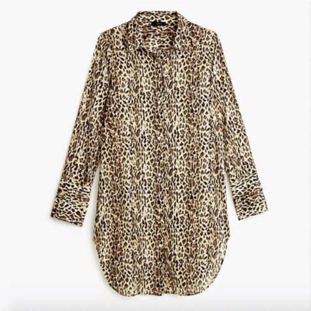 J. Crew  Woman's Classic Beach Shirt in Tan Leopard Print Size - Large